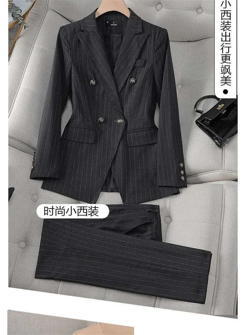 Fashion Autumn Winter Ladies Pant Suit Women Blue Striped Female Business Work Wear Jacket Blazer and Trouser Formal 2 Piece Set