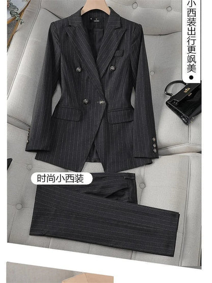Fashion Autumn Winter Ladies Pant Suit Women Blue Striped Female Business Work Wear Jacket Blazer and Trouser Formal 2 Piece Set