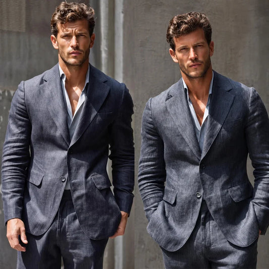 Leisure Men's Suit 2 Pieces Blazer Pants Bow Collar Linen Fabric Wedding Tuxedos Work Business Formal Customized M529