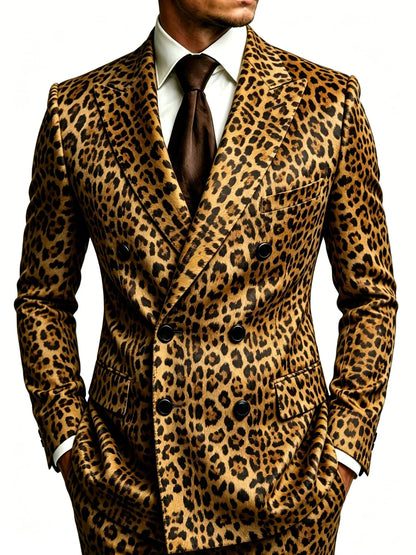 Men's Leopard Print Double Breasted Business Blazer Peak Lapel Slim Fit Fashion Jacket for Prom Party Stage Wedding Nightclub