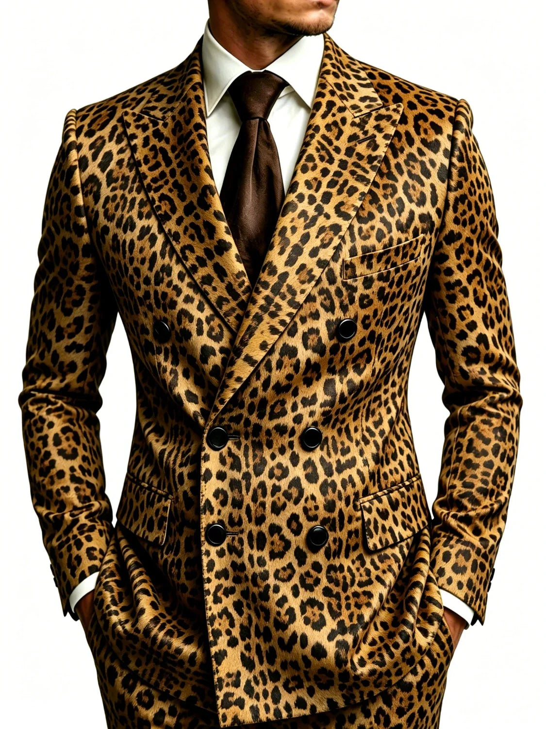 Men's Leopard Print Double Breasted Business Blazer Peak Lapel Slim Fit Fashion Jacket for Prom Party Stage Wedding Nightclub
