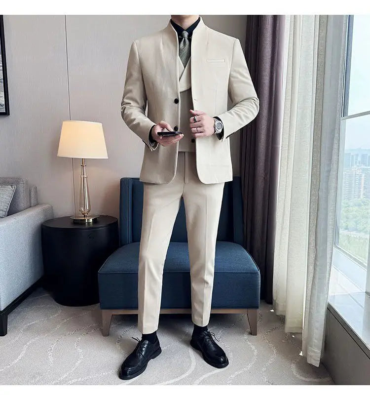 Men's 3-Piece Slim Fit Stand Collar Suit – Wedding, Prom & Office Formal Set