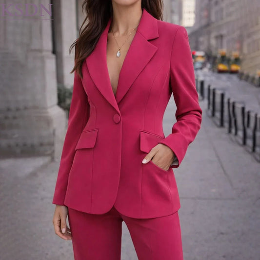 Solid Color 2 Piece Women Event Suits Formal One-Button Notch Lapel Jacket Pants High Quality Banquet Dinner Outerwear