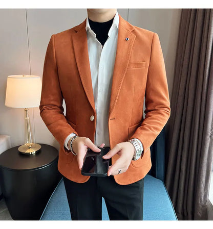 British Style Autumn Suede Business Casual Suit Jacket for Men High Quality Social Office Blazers Wedding Groom Dress Coats