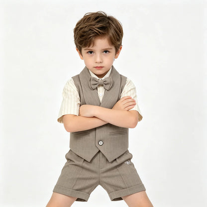 3Pcs Toddler Boy Gray Vest Suit Striped Short Sleeve Shirt Bow Tie Shorts Kids Wedding Baptism Birthday Gentleman Formal Outfit