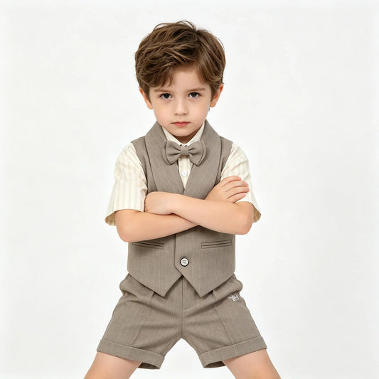 3Pcs Toddler Boy Gray Vest Suit Striped Short Sleeve Shirt Bow Tie Shorts Kids Wedding Baptism Birthday Gentleman Formal Outfit