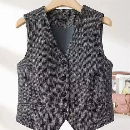 British Style Retro Suits Vests Spring Autumn V-neck Herringbone Pattern Women's Sleeveless Jacket New Blazers Waistcoat