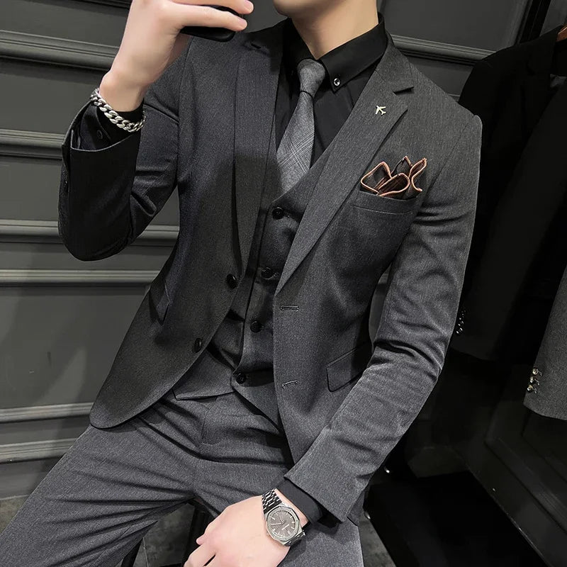Men's Slim Fit 3-Piece Suit – Solid Color, Smart Casual & Wedding