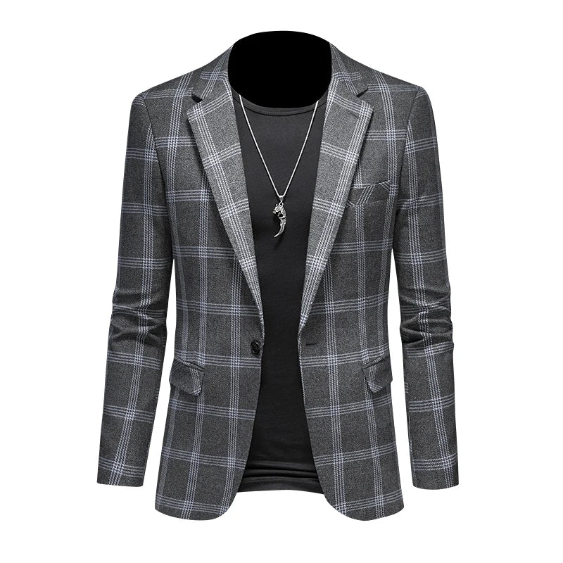 2025 Slim Fit Men's Casual Suit Handsome Fashion Plaid Blazer Polyester Business Wedding High-Quality Male Attire