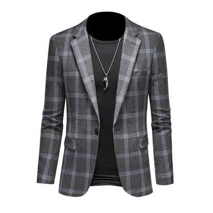 2025 Slim Fit Men's Casual Suit Handsome Fashion Plaid Blazer Polyester Business Wedding High-Quality Male Attire