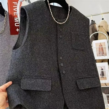 Women O- Neck Woolen Vest Coat European Female Cardigan Cotton Waistcoat Jacket Autumn Ladies Fashion  Sleeveless Tops Outwear