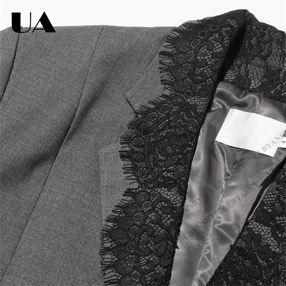 Women’s Grey Blazer with Black Lace Trim Elegant Notched Lapel Cuffs & Hem Jacket Single-Breasted Office Wear