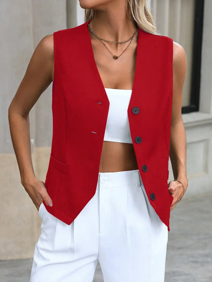 Women's Business Casual Suit Vest V-Neck Sleeveless Button Down Waistcoat Slim Fit Office Vest Top Spring and Summer