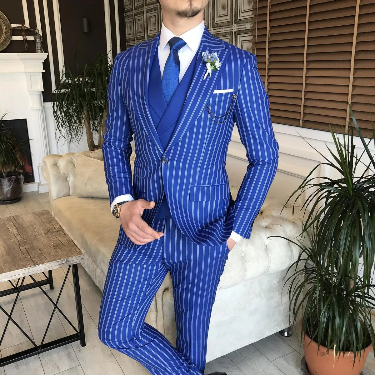 Men's Suit 3 Pieces Blazer Vest Pants One Button Peaked Lapel Pinstripes Formal Business Blue Slim Wedding Groom Costume Homme