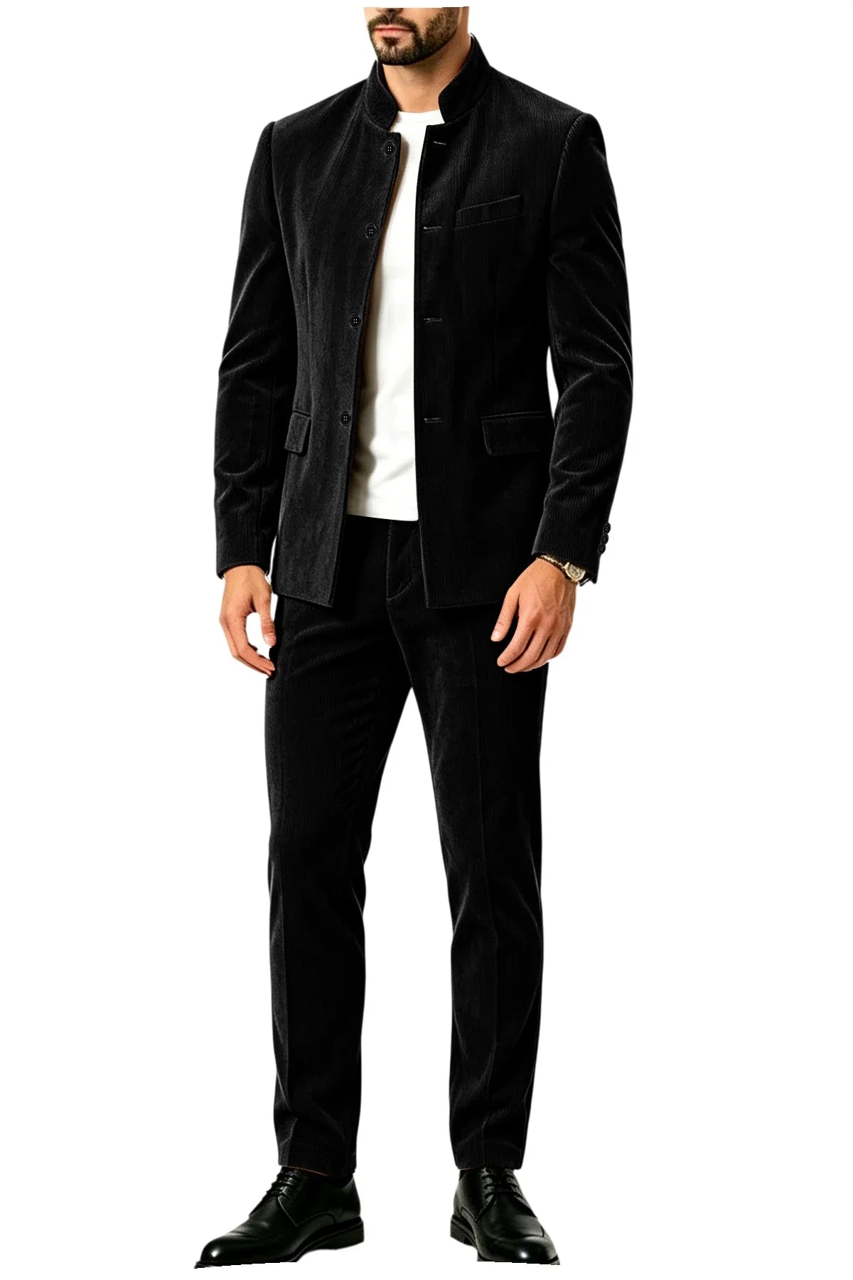 Men's Corduroy 2-Piece Suit – Mandarin Collar Single Breasted Blazer & Pants for Business & Formal Occasions