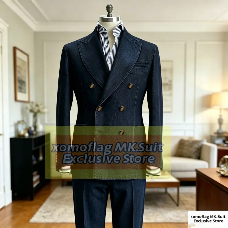 Men's Denim Suit Set Double Breasted Slim Fit Blazer and Trousers for Men