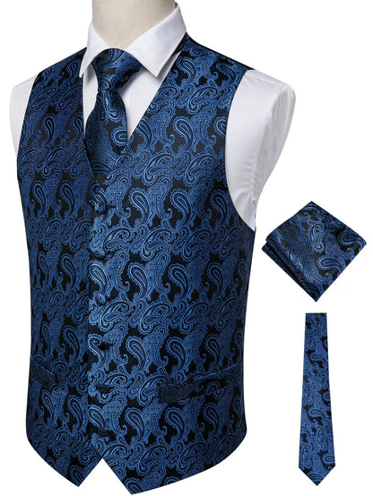 Men's Jacquard Vest 3-Piece Set – Satin Formal Waistcoat with Tie & Pocket Square for Weddings