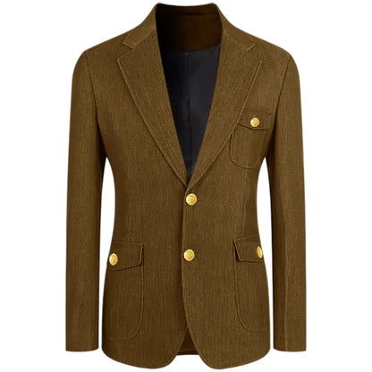 Men's Denim Suit Jacket Classic Notched Lapel Slim Fit Gold Buttons Multiple Pockets Formal Blazer Business Casual Daily Wear