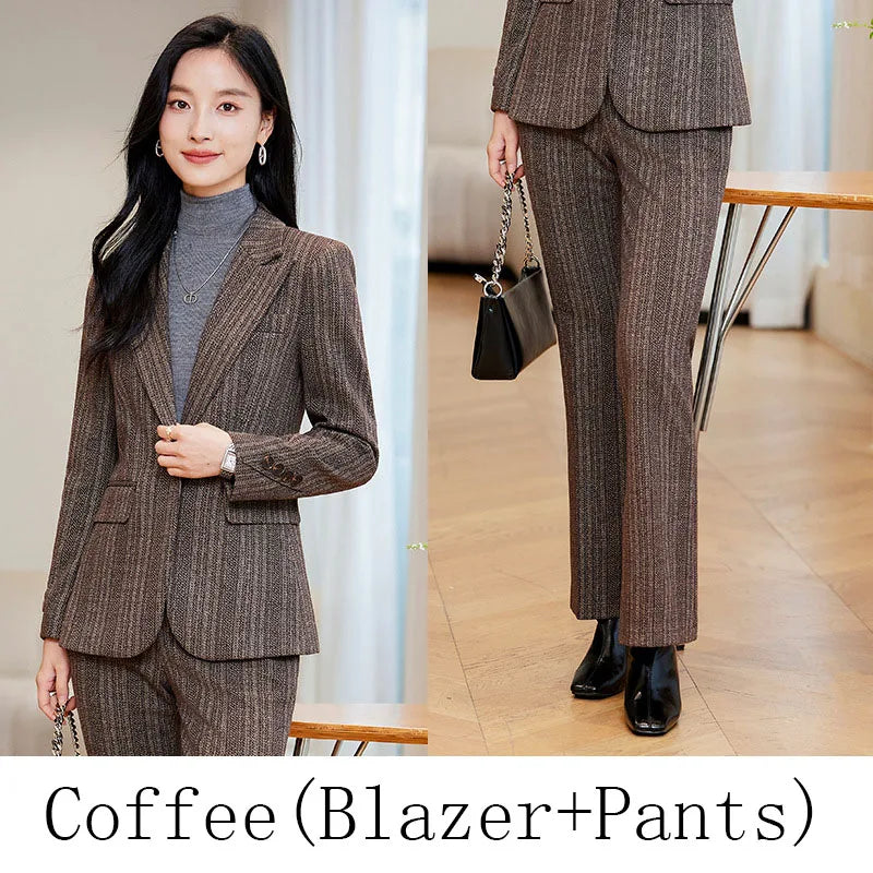 Gray Coffee Striped Ladies Formal Pant Suit Set Women Female Business Work Wear Long Sleeve 2 Piece Blazer Jacket And Trouser