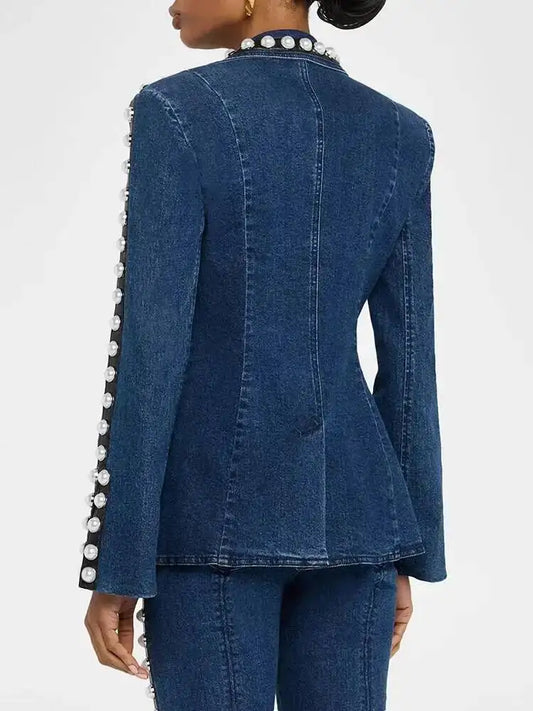 Blue Denim Two Piece Set Pearl Embellished Blazer High Waist Flare Pants Single Breasted Fitted For Women Office 2026 New