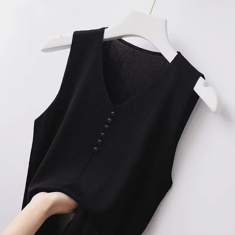 Summer Women's Tank Top Silk V-neck Wide Shoulder Strap Color Knitted Shirt Sleeveless Top Student Ice Silk Vest