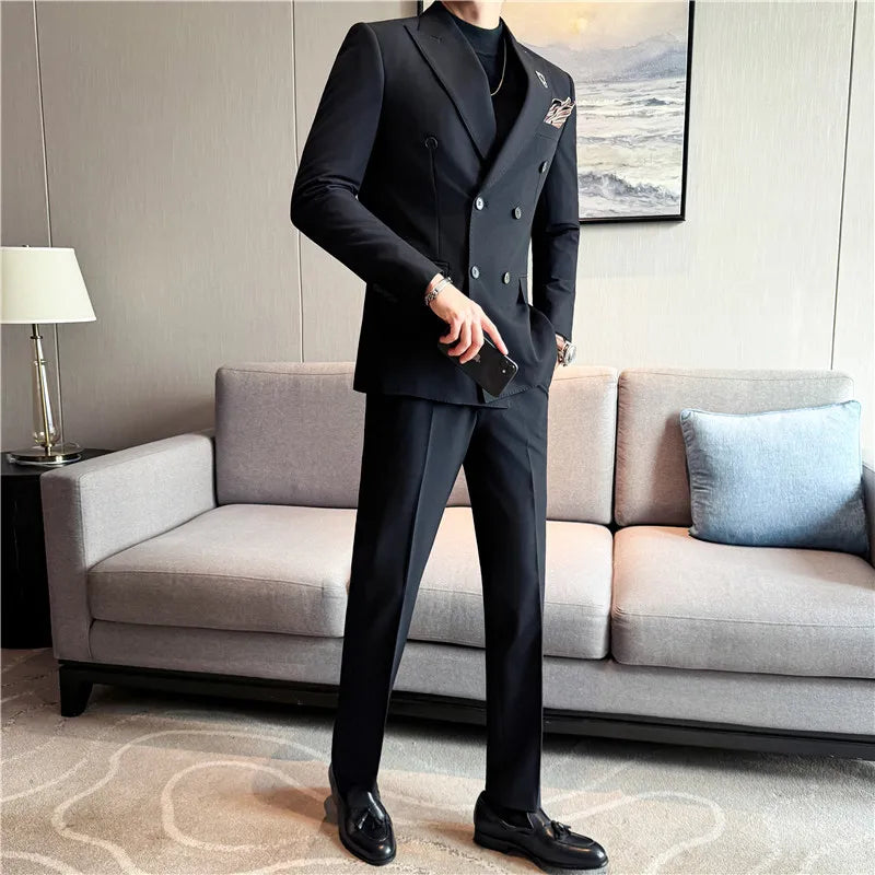 (Jacket + Pants) Fashion Double Breasted Design Slim Men's Suit Italian Style Luxury Wedding Social Party Tuxedo 2 Piece Sets