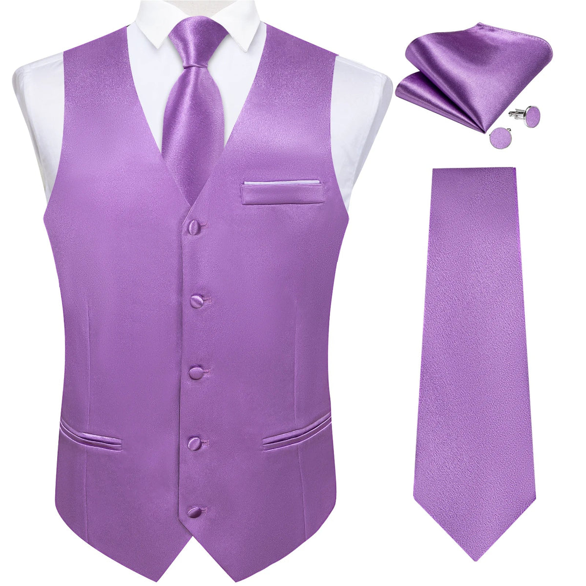 Men's Satin Suit Vest Set with Tie Handkerchief and Cufflinks for Wedding and Prom