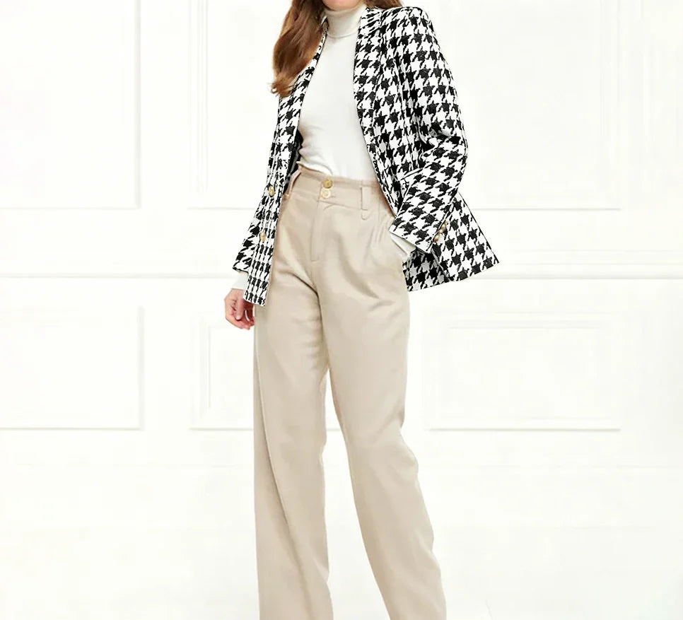 Chic Houndstooth Double Breasted Women Suit Two Pieces(Jacket+Pants) Lapel Outfits Chic Casual Party Prom Wedding Set