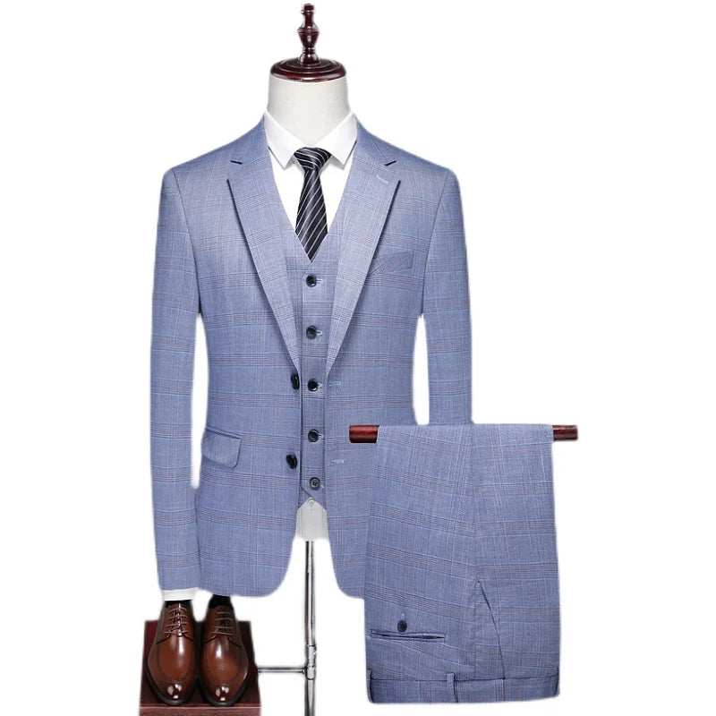 High-end Wedding Suit Autumn (Suit + Vest + Trousers) Men's Fashion All Match Handsome Trend Slim Dress Striped Three-piece Set