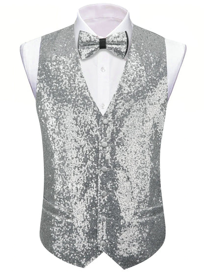 Men's Glitter Vest and Bow Tie Set – Slim Fit Formal Waistcoat for Weddings, Prom and Evening Occasions