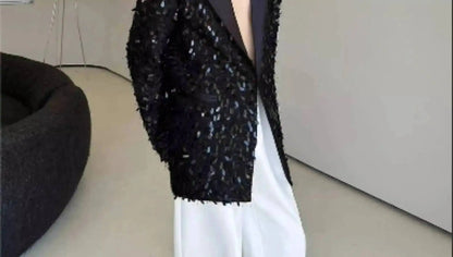 Design Patchwork Burr Original Casual Shoulder Pad Sequin Blazer Coat Men's 2025 Autumn Fashion Temperament Jacket JY7384