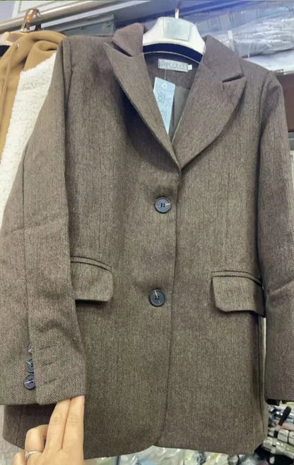 Women's Slim Fit Blazer Autumn Mid-Length Lapel Coat Contrast Cuff Detail Elegant Office & Commute Outerwear