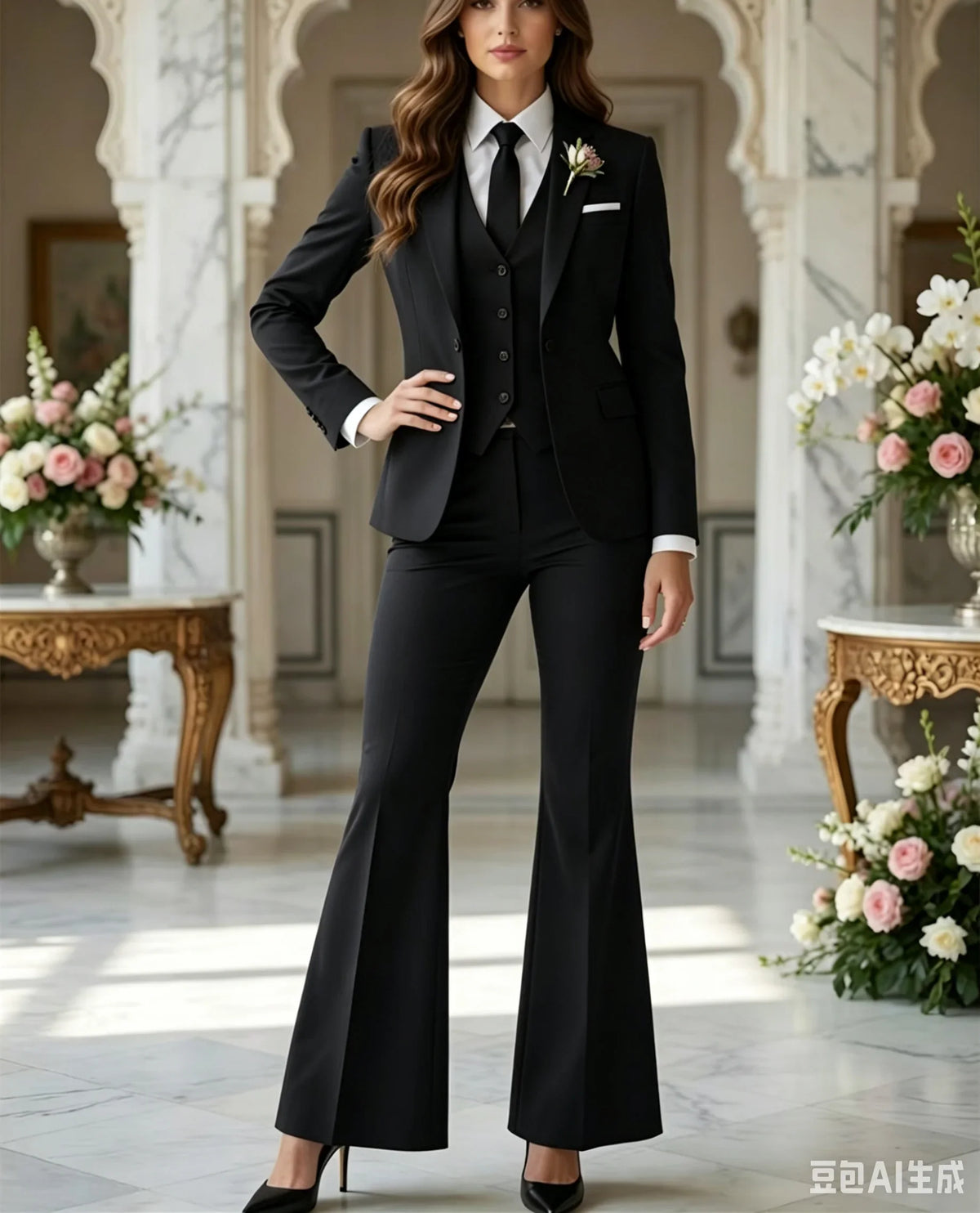 Navy Blue 3 Piece Suit Women Trauanzug Damen Costume Femme Bleu Tuxedo Flared Pantsuit 70s Retro Vintage Bridal