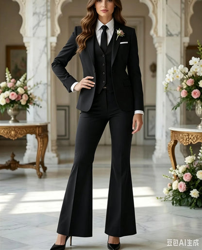 Navy Blue 3 Piece Suit Women Trauanzug Damen Costume Femme Bleu Tuxedo Flared Pantsuit 70s Retro Vintage Bridal