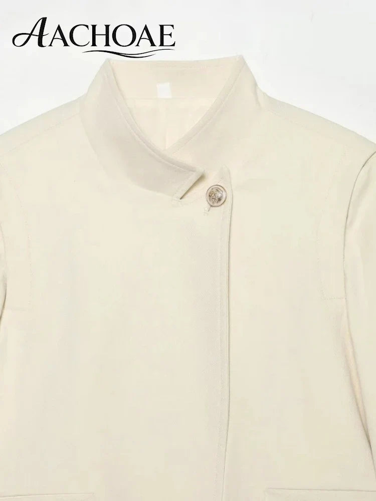 Women's Minimalist Cropped Blazer Stand Collar Suit Jacket Elegant Office Business Casual Long Sleeve Short Coat