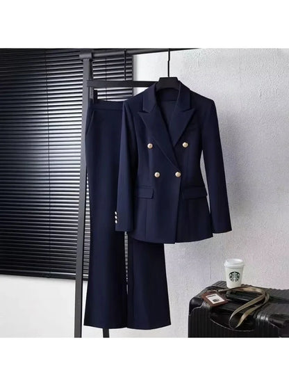 Navy blue Fashion Women Pant Suit Long Sleeve Solid Ladies Blazer and Trouser Formal 2 Piece Sets