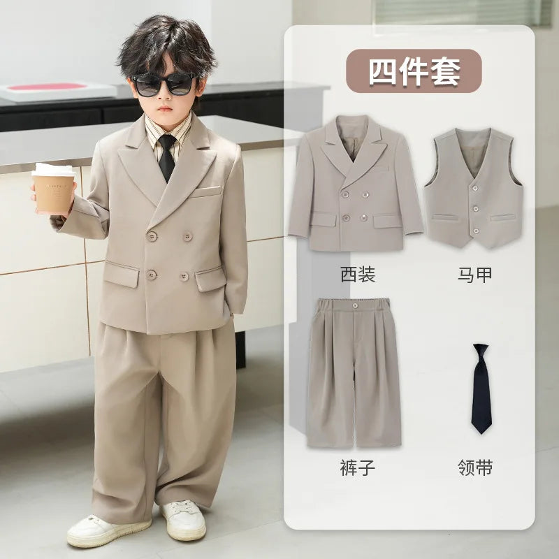 School Boys Double Breasted Blazer Suit Set with Wide Leg Pants Formal Streetwear Outfit for Kids Toddlers Wedding Birthday Part