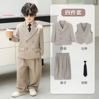 School Boys Double Breasted Blazer Suit Set with Wide Leg Pants Formal Streetwear Outfit for Kids Toddlers Wedding Birthday Part