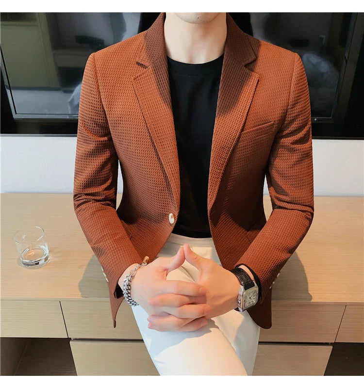 2025 Spring New Waffle Suit Coats Men Slim Fit Business Casual Blazer Jacket Homme Formal Groom Prom Wedding Tuxedo 4XL-M