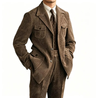 Men's Retro Corduroy 2 Pieces Suit Multi Flap Pockets Safari Blazer Matching Trousers For Formal Daily Party Wedding Business