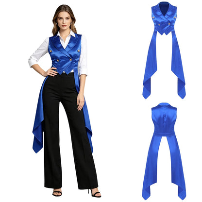 Women Victorian Tuxedo Sleeveless Vests Renaissance Waistcoat Irregular Hem Vest Satin Tailcoat Top for Halloween Gothic Outfit