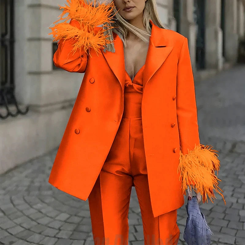 Classic Satin Women's Suit Set 2 Piece Exquisite Feather Double Breasted Jacket With Pants Evening Party Luxury Trouser Suits