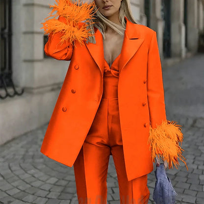 Classic Satin Women's Suit Set 2 Piece Exquisite Feather Double Breasted Jacket With Pants Evening Party Luxury Trouser Suits