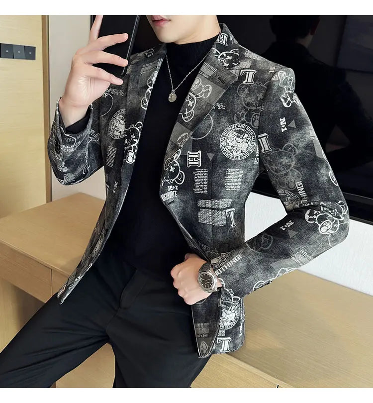 2024 Autumn Winter Jacquard Denim Suit Jacket for Men Fashion Business Casual Blazers Streetwear Social Men Clothing