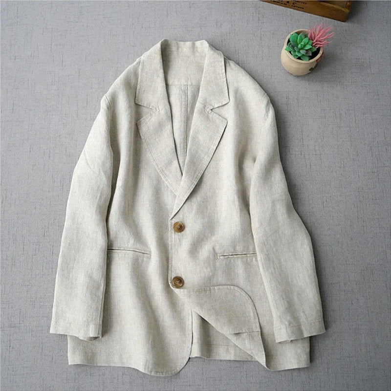 Elegant Long Sleeve Women's Linen Suit Jacket Thin Outerwear New Spring Fashion Ladies' Classic Versatile Pure Cotton Blend