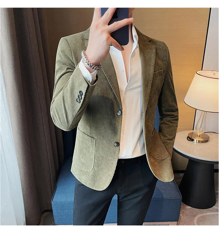 2023 Fashion Men's Corduroy Blazers Top Quality Business Casual Suit Jackets Slim Fit Wedding Groom Streetwear Social Dress Coat