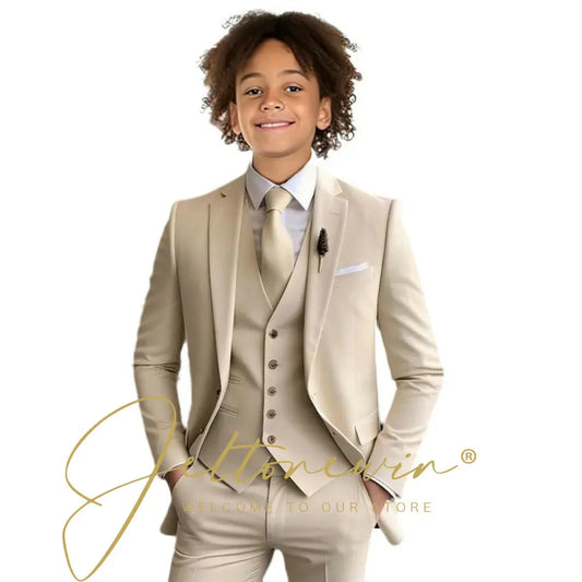 Beige Boy's Slim Fit Formal Suit 3 Pieces Set for Wedding Prom Dinner Party Kids Uniform Custom Tuxedos Blazer Vest Pants