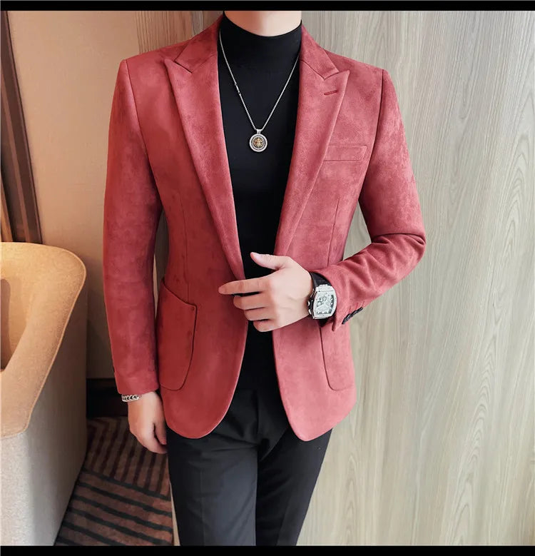 2024 Autumn Winter Men's Suede Suit Jacket High End Business Casual Blazers Slim Fit Wedding Groom Street Wear Social Dress Coat