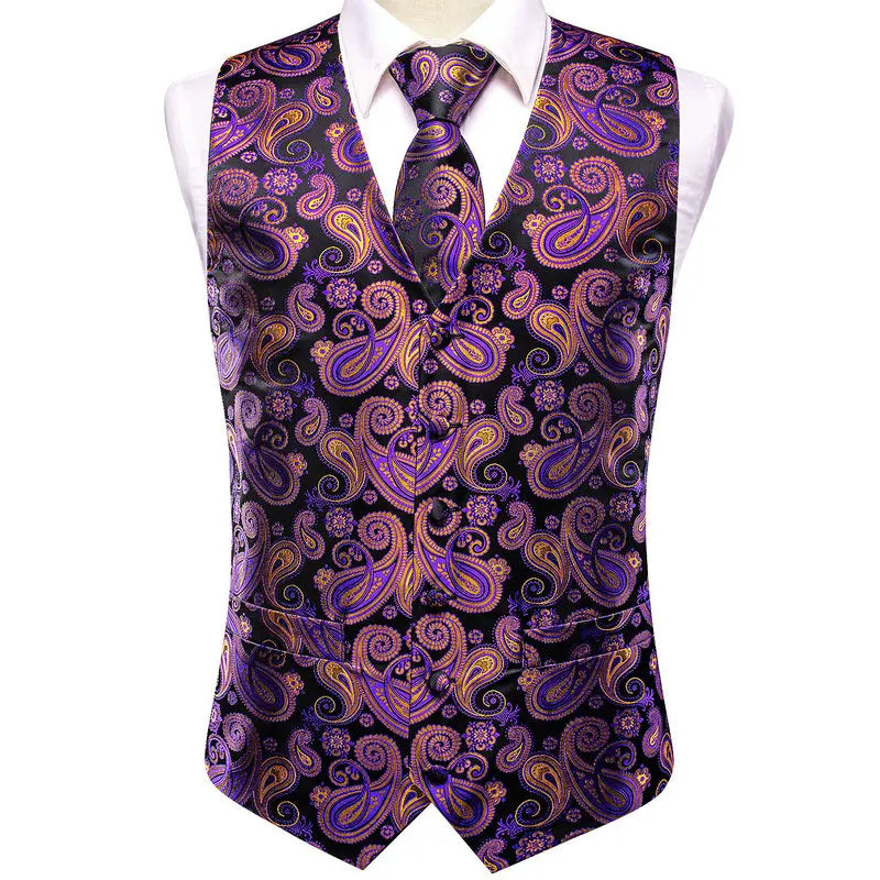 Men's Double Breasted Jacquard Waistcoat Vest Tie Pocket Square Set – Ivory Paisley Wedding & Formal Suit