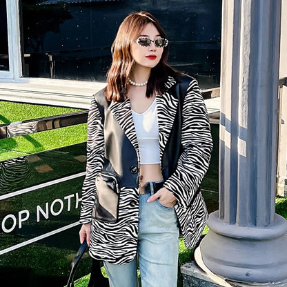 Fashion Women Sheepskin Spliced Mid-Long Blazers Coat Long Sleeve Notched Collar Single Breasted Zipper Pocket Casual Jacket Top